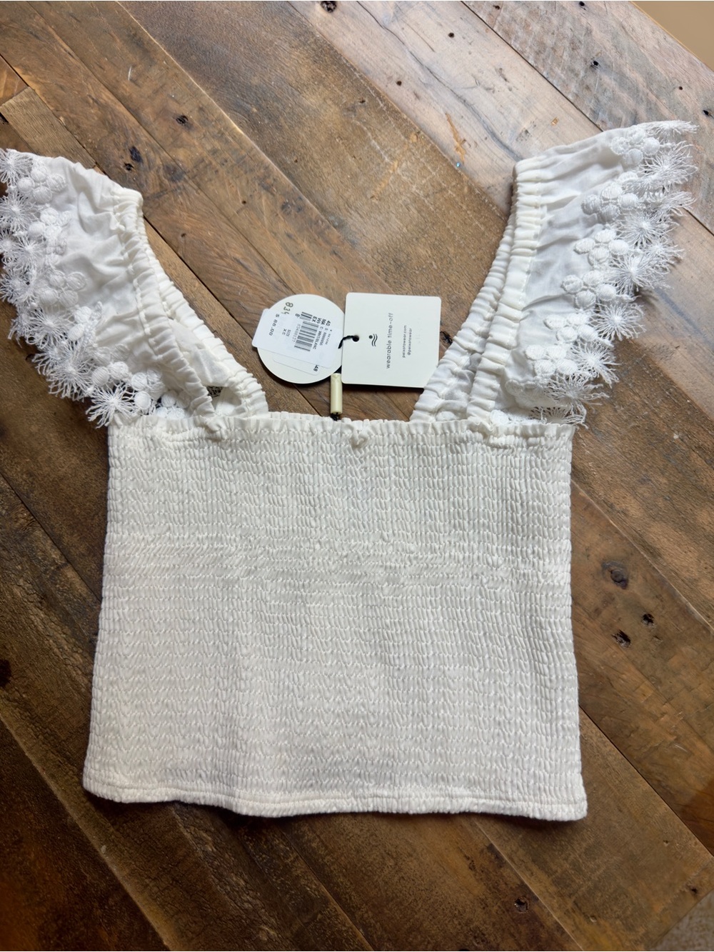 Peixoto White Lace-Trim Smocked Crop Top